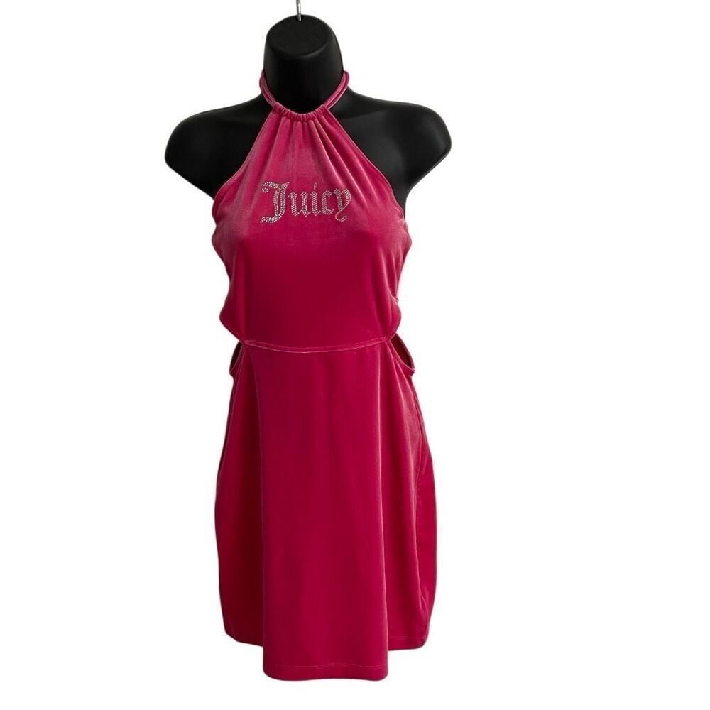 Juicy‎ Couture Pucker Up Velvet Halter Cut Out Mini Dress Women’s S Hot Pink NEW